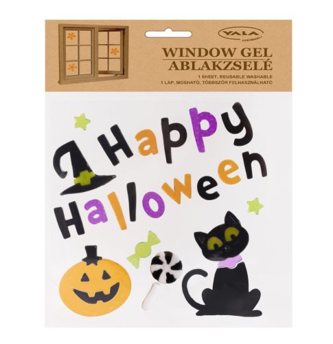 Zselés ablakdísz (Happy Halloween felirat, fekete macskával és tökkel)