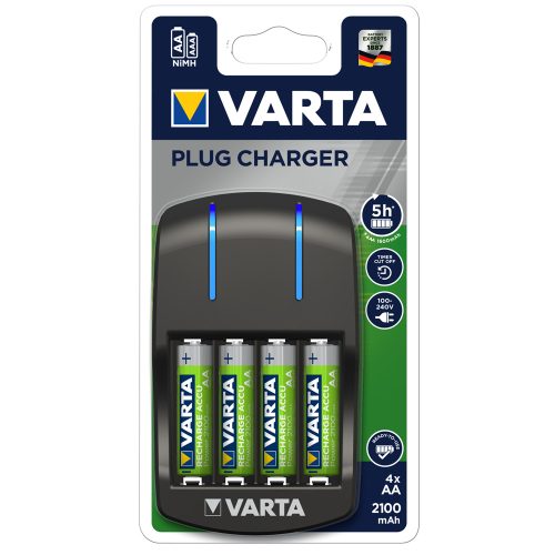 Elemtöltő, akku Plug töltő + 4 db AA 2100 mAH Varta 